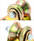 Close-up view of Steel Groove Rigid Caster Wheel 1 Point 2 Inch Diameter 4 Pack V Groove Wheel Sliding Gate Rollers with V Shaped Bracket.