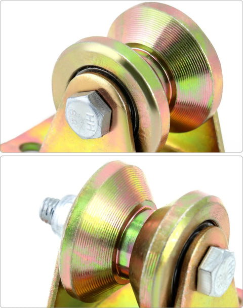Close-up view of Steel Groove Rigid Caster Wheel 1 Point 2 Inch Diameter 4 Pack V Groove Wheel Sliding Gate Rollers with V Shaped Bracket.