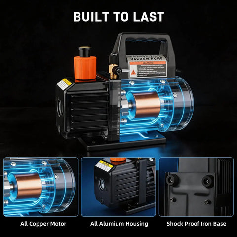Heavy Duty Workhorse Hvac Vacuum Pump Pushing 3.5 Cfm Single Stage Torque For Quick Draw Car Ac Vent Evacuation And No Drama Refrigerant Line Service Kit close-up with orange handle, copper motor, and aluminum housing