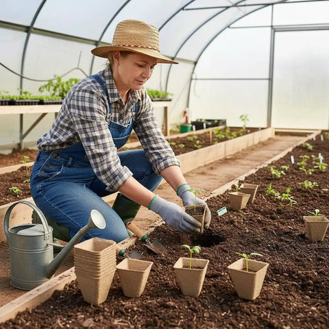 Gardener planting seedlings in 126 Pack Square Peat Pots 3.15 Inch Seed Starting Pots With Drainage Holes Biodegradable Eco Friendly Nursery Pots.