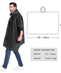 Adult wearing a Waterproof Reusable Rain Poncho with Drawstring Hood and welded seams, featuring size dimensions and model info.