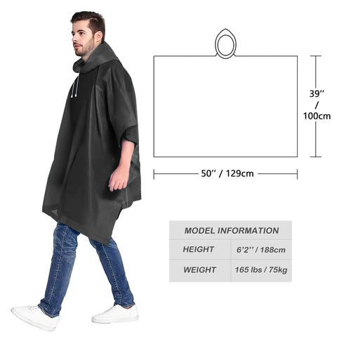 Adult wearing a Waterproof Reusable Rain Poncho with Drawstring Hood and welded seams, featuring size dimensions and model info.
