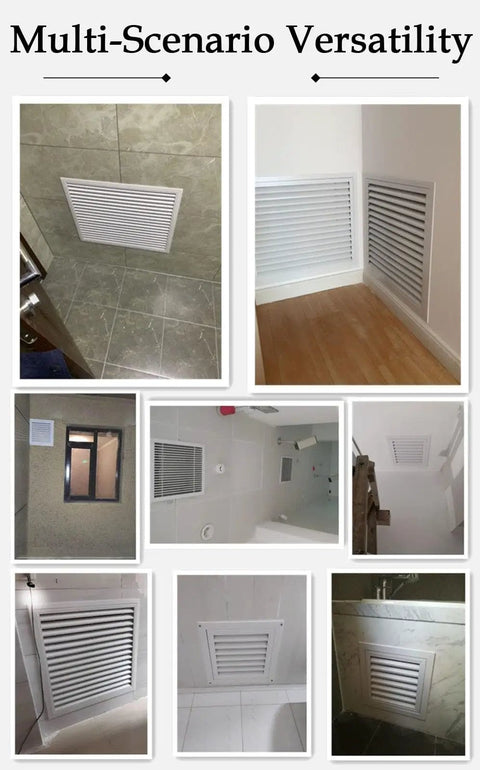 Pro Grade Linear Bar Air Grille Featuring A Removable Inspection Hatch And Slanted Louver Blades installed in various home settings.