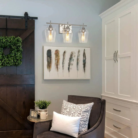 Three Light Brushed Nickel Vanity Light For Bathroom Over Mirror Glass Wall Mount Dimmable Modern Vanity Lighting