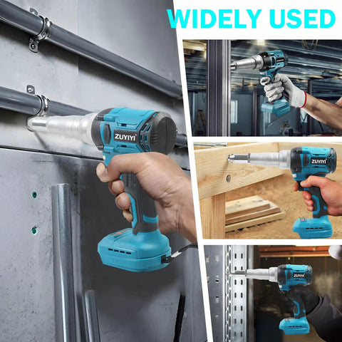 Zuyiyi Cordless Electric Rivet Gun For Makita 18V Battery Bare Tool Brushless Power Tool being used for fastening metal and wood.