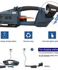 Heavy Duty Electric Welding Strapping Tool For PP PET Bands Handheld Battery Powered Wrist Strapper With 2 Rechargeable Batteries showing quick charge battery feature.