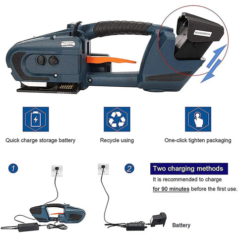 Heavy Duty Electric Welding Strapping Tool For PP PET Bands Handheld Battery Powered Wrist Strapper With 2 Rechargeable Batteries showing quick charge battery feature.