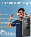64GB Bluetooth MP3 Player With HiFi Sound For Runners And Fitness Fans, 2.4 Inch Screen next to a smiling person with headphones