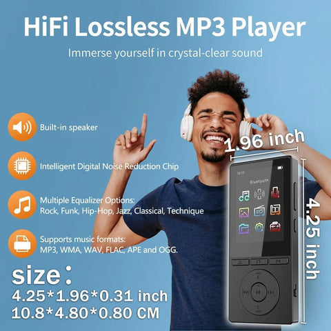 64GB Bluetooth MP3 Player With HiFi Sound For Runners And Fitness Fans, 2.4 Inch Screen next to a smiling person with headphones