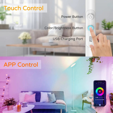 Smart RGB Floor Lamp With Alexa And Google Home WiFi showing touch and app control, tall modern torchiere in colorful living room