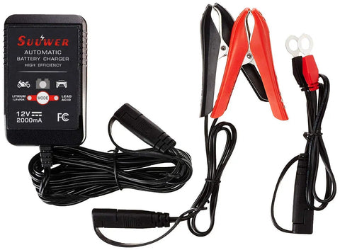 No Fuss Automatic Smart Battery Charger For 12 Volt Cars Features 2A Precision Cycles with clip connectors and cables