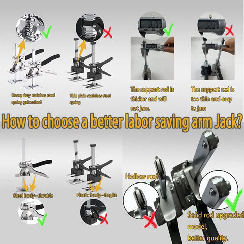 Comparison of different Labor Saving Arm Jack models with solid rods and stainless steel components for furniture lifting