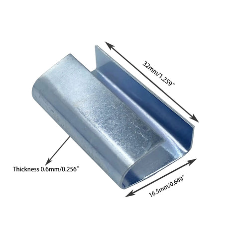 Heavy Duty Metal Open Seals For Five Eighths Inch Polypropylene Strapping, One Point Two Five Inch Length, galvanized, close-up view