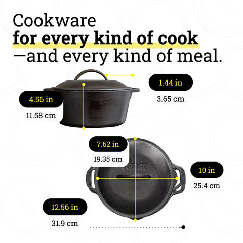 5 Piece Cast Iron Cookware Set With Skillets Griddle And Dutch Oven Preseasoned PFAS Free Non Toxic Even Heat Performance for all cooking.