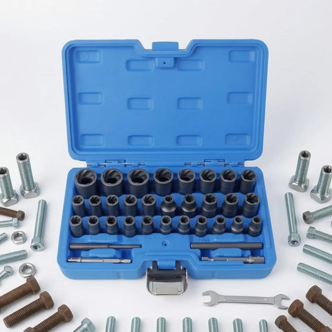 Top Tier 33 Piece Broken Bolt Extractor Set With Spiral Socket Nut Remover Kit For Cars And Trucks, CR-MO Steel Gear To Fix Rusty Bolts Fast In Your Garage Shop Or Workshop, blue case open