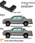 One Inch Front Leveling Lift Kit And Heavy Duty Strut Spacers To Drop The Sag And Raise The Bar For Chevy Silverado 1500 And Gmc Sierra 1500 Pickup Trucks 2007 Through 2019 illustration showing before and after height adjustment with spacer.