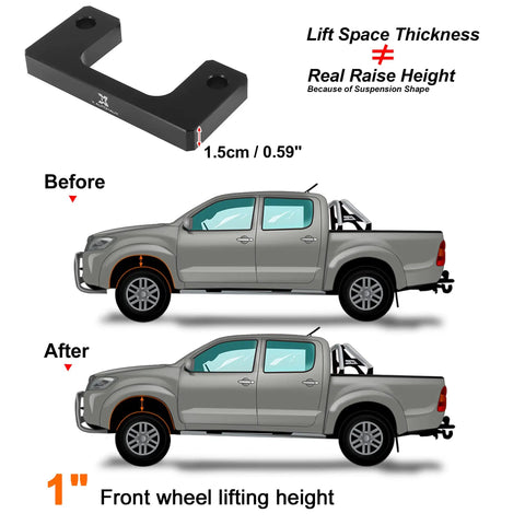 One Inch Front Leveling Lift Kit And Heavy Duty Strut Spacers To Drop The Sag And Raise The Bar For Chevy Silverado 1500 And Gmc Sierra 1500 Pickup Trucks 2007 Through 2019 illustration showing before and after height adjustment with spacer.