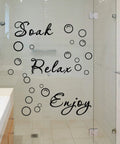 Glass shower with black vinyl quote 'Soak Relax Enjoy' Two Pack Bathroom Wall Decals Peel And Stick Vinyl Quotes Decor