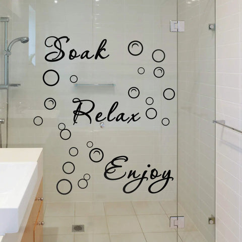 Glass shower with black vinyl quote 'Soak Relax Enjoy' Two Pack Bathroom Wall Decals Peel And Stick Vinyl Quotes Decor