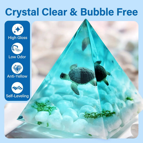 Epoxy Resin Art Kit With Silicone Molds, 16oz Resin, 12 Color Glitter, showing a pyramid with turtle figurines inside