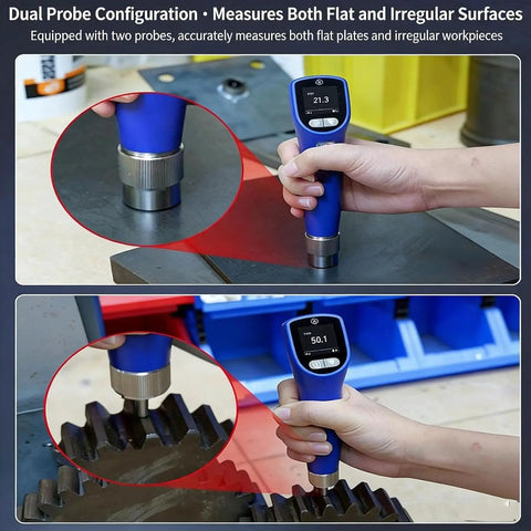 Portable Ultrasonic Hardness Tester On The Go Handy With Dual Test Heads Built In Storage Digital HV HRC HRB HB Scales For Metal Materials And Ultra Thin Workpieces Easy To Use With Low Impact Indentation And Quick Readouts measuring flat and irregular metal surfaces