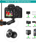 Camera mounted on Double Clamp Camera Mount With 360 Degree Arm And 180 Degree Tilt, shows compatible devices like monitors and cameras.