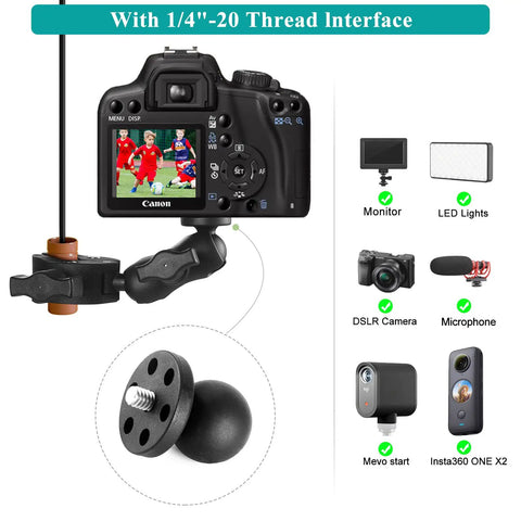 Camera mounted on Double Clamp Camera Mount With 360 Degree Arm And 180 Degree Tilt, shows compatible devices like monitors and cameras.