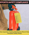 Yellow Must-Have Fire Extinguisher Monthly Inspection Tags attached to a red extinguisher, showing calendar lines, 4 by 2.5 inch size.