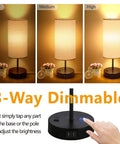 Demonstration of Dual USB Charging Ports And AC Outlet Nightstand Lamps Set Of 2 Touch Control 3 Way Dimmable with brightness levels.