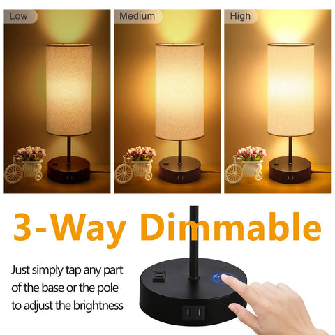 Demonstration of Dual USB Charging Ports And AC Outlet Nightstand Lamps Set Of 2 Touch Control 3 Way Dimmable with brightness levels.