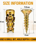 6x14mm Short Expansion Screw Set For Cabinet Hinge Repair And Drywall, Heavy Duty Anchors And Screws Kit, Hollow Door Wall Anchors For Stripped Thread Fix, 100 Pieces, Easy Install And Secure Hold, Durable And Long Lasting. Gold metal anchor and screw size chart, 14mm and 16mm