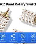 KCZ 4P8T Rotary Band Switch 4 Pole 8 Position 4 Deck For DIY Projects With 6mm Shaft, 0.3A 220V, High Quality Multi Pole Switch For Audio, Radio, And Electronics Builds. shown in angled product view