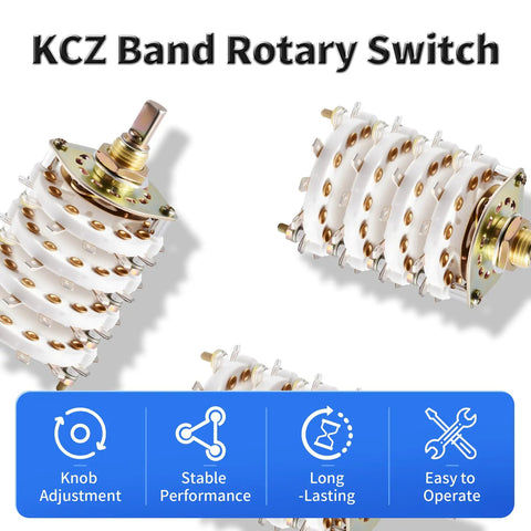 KCZ 4P8T Rotary Band Switch 4 Pole 8 Position 4 Deck For DIY Projects With 6mm Shaft, 0.3A 220V, High Quality Multi Pole Switch For Audio, Radio, And Electronics Builds. shown in angled product view