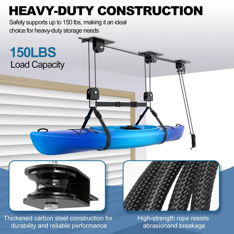 Beefy Cargo Box Ceiling Hoist With 3 Pulleys lifting kayak, heavy duty system holds up to 150 lbs, installed in garage ceiling.