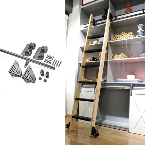 Complete Heavy Duty Sliding Barn Door Hardware Kit Featuring All In One Black Steel Track With Smooth Gliding Rollers For No Sweat Loft Installation Indoors, showcasing mounted hardware and a wooden ladder.