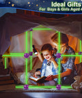 Mother and child reading inside glow in the dark fort made with 140 piece STEM DIY castle and tunnel build set
