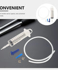 Top Notch Manual Automotive Fluid Extractor Pump For Oil Changes And Brake Fluid Service With Durable Plastic Build Plus Long Extension Tubes for easy fluid transfer with included tubing and connectors.