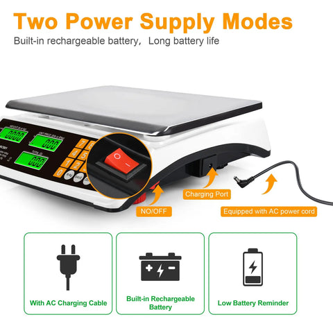 High Precision 40kg 88lb Price Computing Digital Scale For Produce And Meat Weighing With LCD Display And Green Backlight, showing power modes.