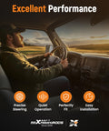 Driver steering SUV at sunset with text about excellent performance, precise steering, quiet operation, perfect fit, easy installation
