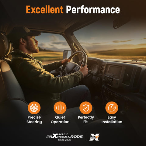 Driver steering SUV at sunset with text about excellent performance, precise steering, quiet operation, perfect fit, easy installation