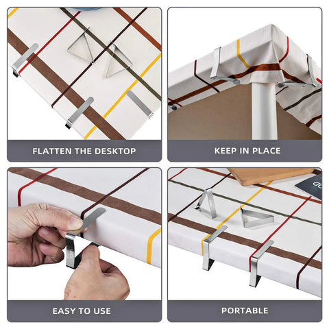 12 Pack Tablecloth Clips For Outdoor Tables, Stainless Steel Heavy Duty Table Cloth Holders in use, close-up on installation.