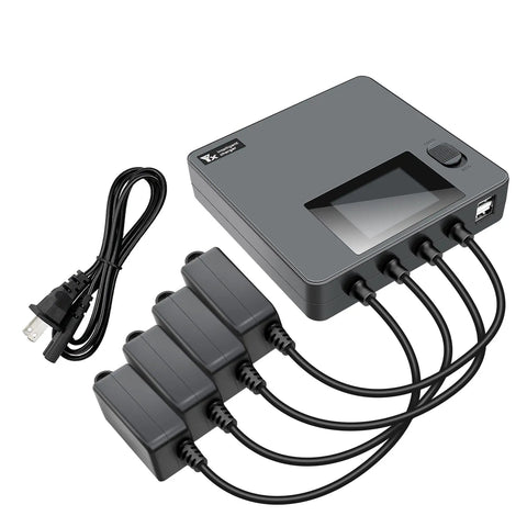 LCD Display 6 In 1 Battery Charger For DJI Mini 5 Pro, Mini 4 Pro, Mini 3 Pro, And Mini 3 Charge Four Batteries And Two USB Devices Simultaneously With Full Charge And Storage Modes Drone Accessories Hub showing front view with connected cables