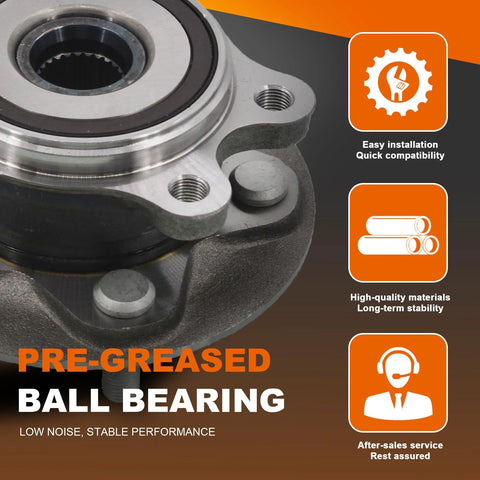 Close-up of direct fit front wheel bearing and hub assembly for Camry 2018 through 2022 Avalon 2021 and Lexus ES250 2021 through 2023 two point five L inline four 5 lug replacement with durable steel construction.