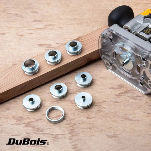 Hella Versatile 10 Piece Router Template Guide Bushing Set with zinc plated bushings on wood for precise routing work.