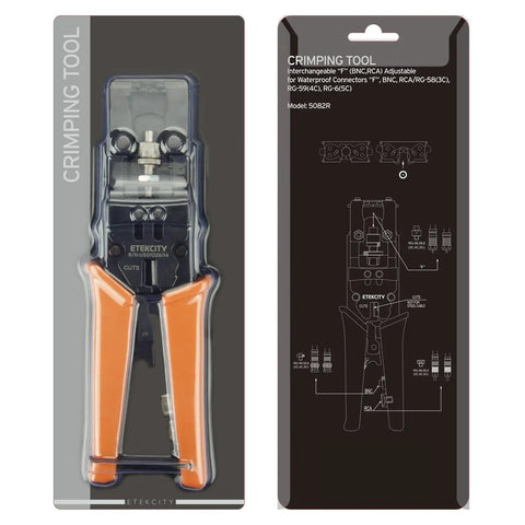 Coax Cable Crimping Tool Kit With 3 Adapters F BNC RCA Universal RG58 RG59 RG6 Cutter Heavy Duty Anti Rust Finish packaging.