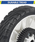 Close-up of beefed up 8 inch rear drive wheels for Toro Recycler mowers replacement gear assembly showing tread and gear teeth.