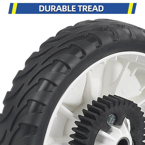 Close-up of beefed up 8 inch rear drive wheels for Toro Recycler mowers replacement gear assembly showing tread and gear teeth.