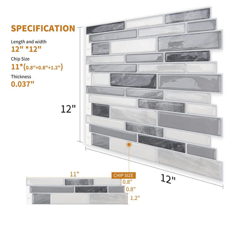Peel And Stick Backsplash Tile 12x12 Gray For Kitchen And Bathroom, Easy DIY Install, heat and water resistant, no grout needed.