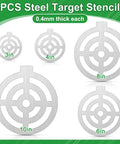 Five Piece AR500 Steel Target Set For Shooting, 3, 4, 6, 8, And 10 Inches Gong Targets, showing stencil sizes.