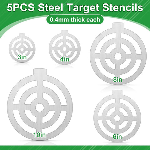Five Piece AR500 Steel Target Set For Shooting, 3, 4, 6, 8, And 10 Inches Gong Targets, showing stencil sizes.